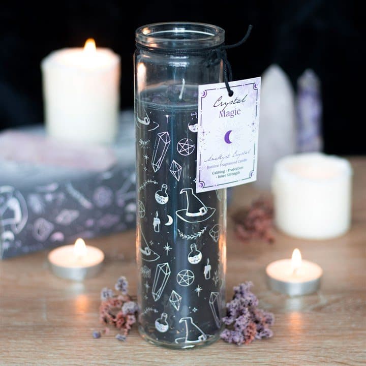 Jasmine tube candle with crystals, witch hats and potions design