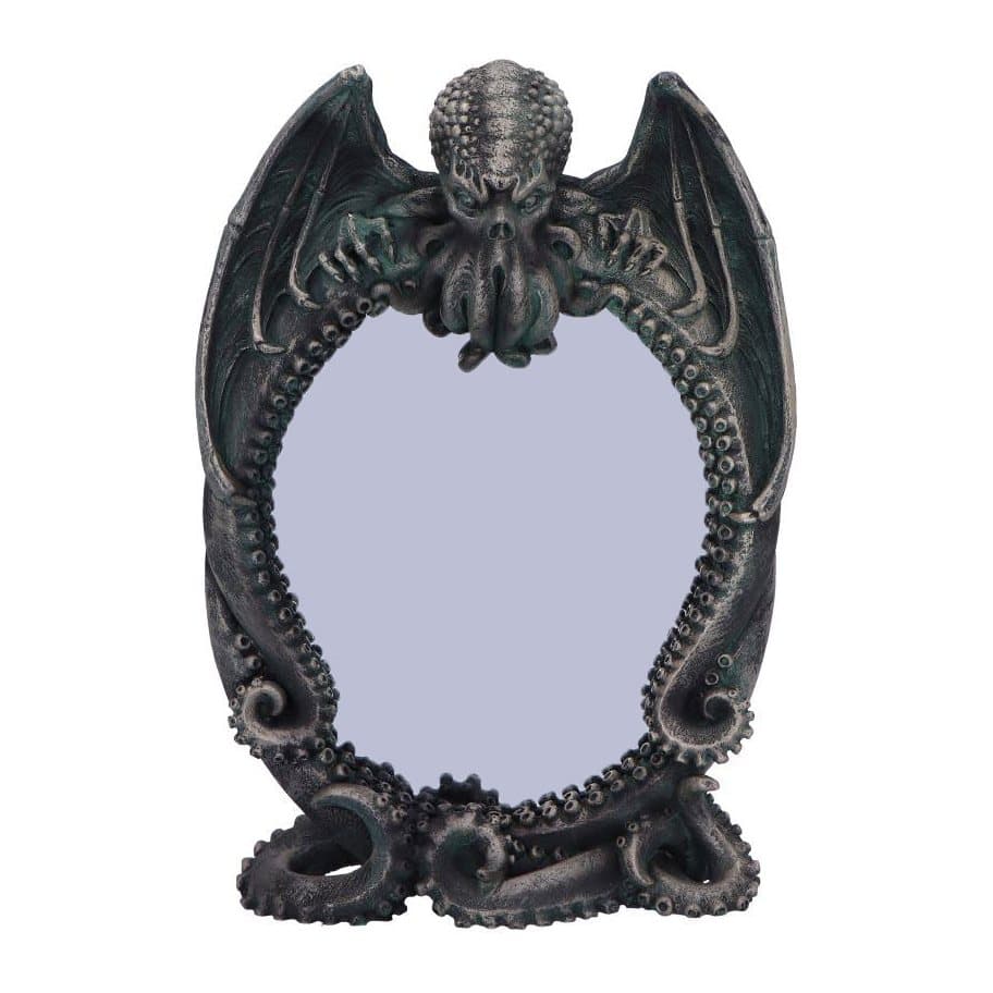Cthulhu's Reflection gothic mirror framed by a Cthulhu figure with outstretched wings