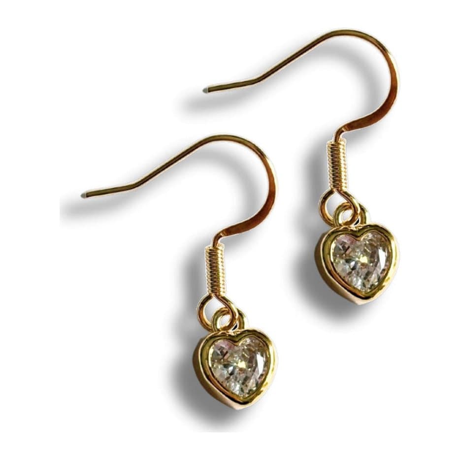 Gold cubic zirconia heart drop earrings with a heart charm