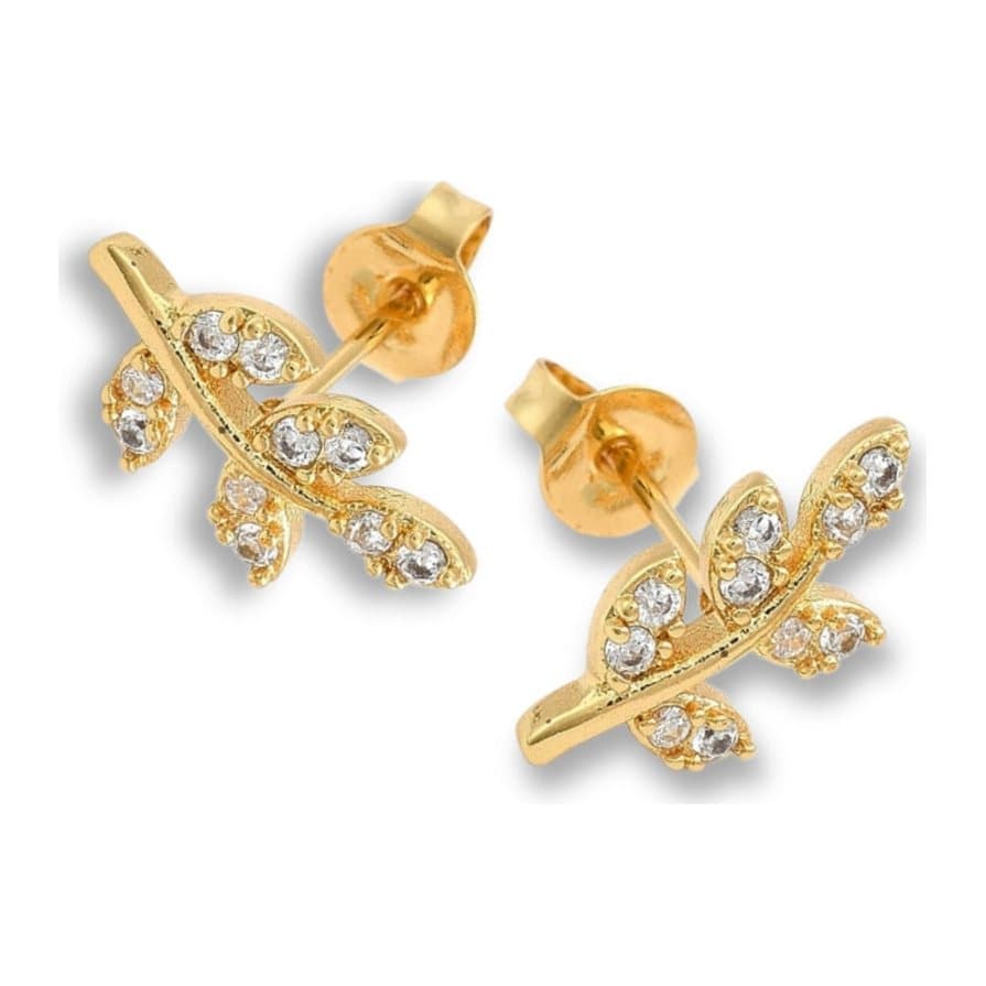 Cubic zirconia gold leaf stud earrings with sparkling stones