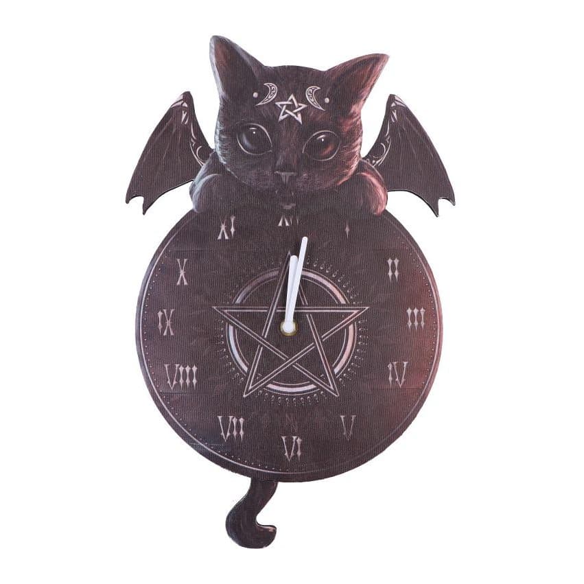 Malpuss winged feline wall clock with swinging tail