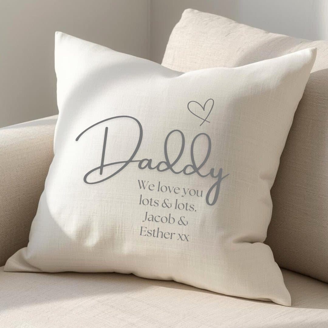 Cream linen-look personalised cushion with a Daddy Est. 2026 design
