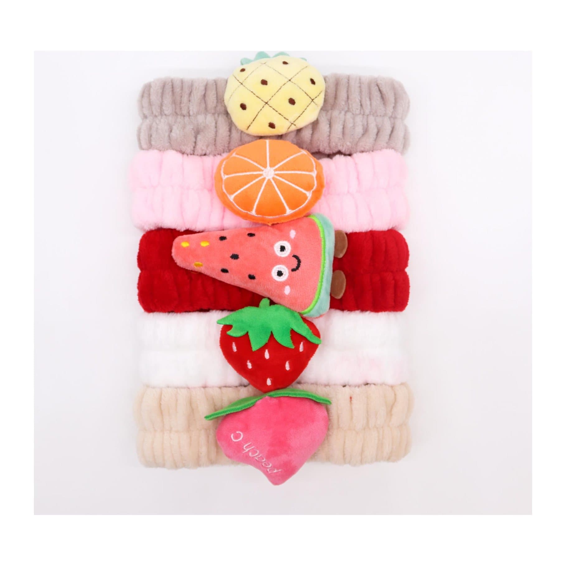 Pack of five fruity makeup headbands in soft flannel polyester