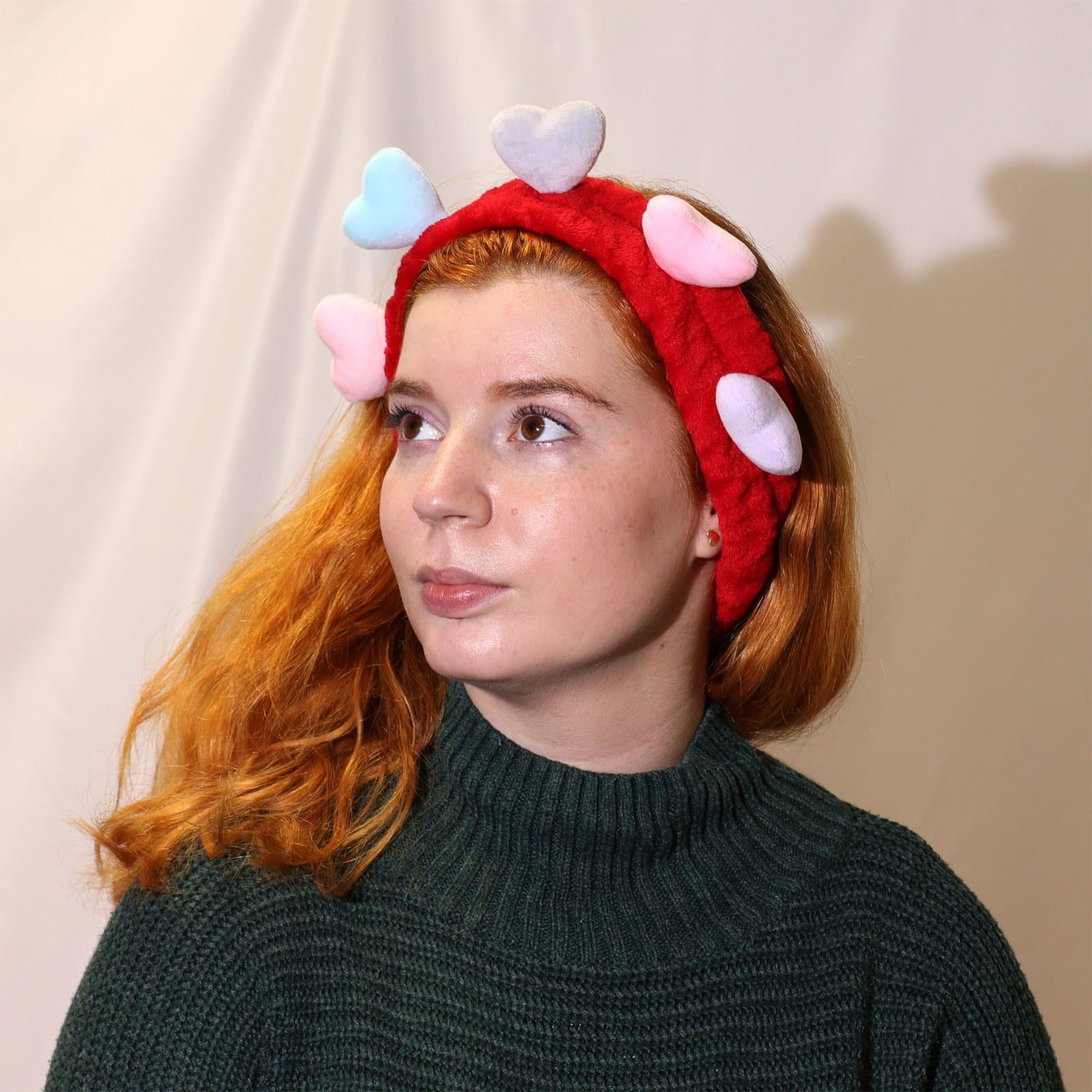 Pack of five love and heart makeup headbands in soft flannel polyester