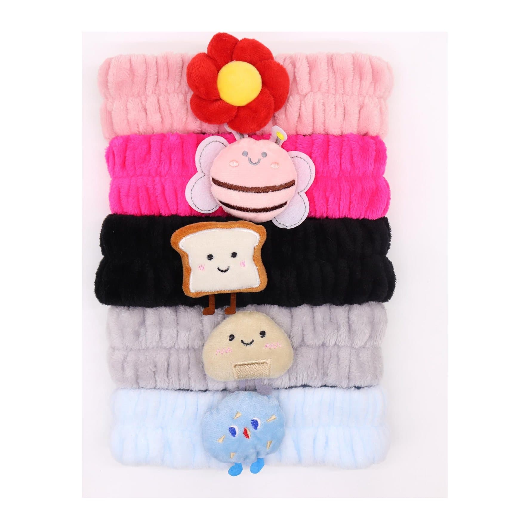 Pack of five flannel makeup headbands with toast and bee characters