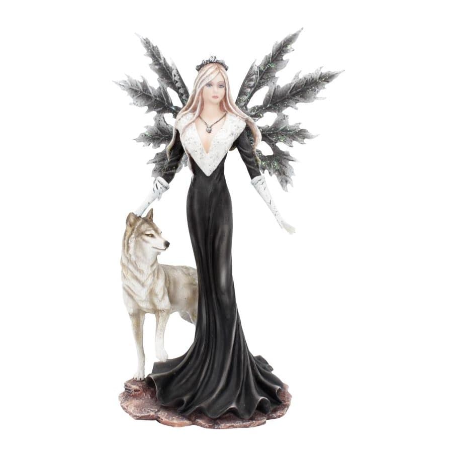 Dark fairy figurine with navy wings and a grey wolf at her side