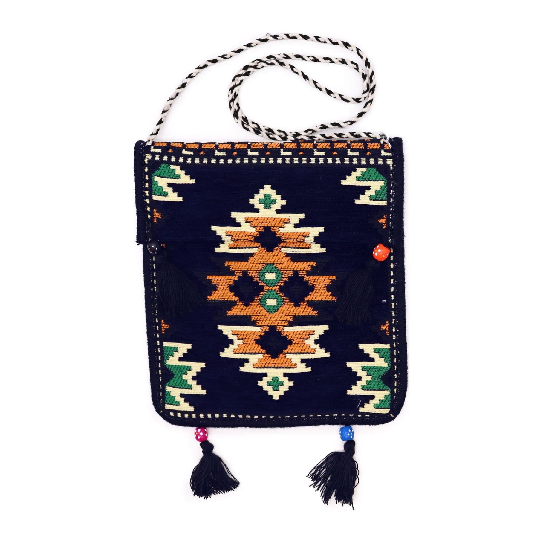 Dark navy kilim messenger festival bag with an intricately patterned weave