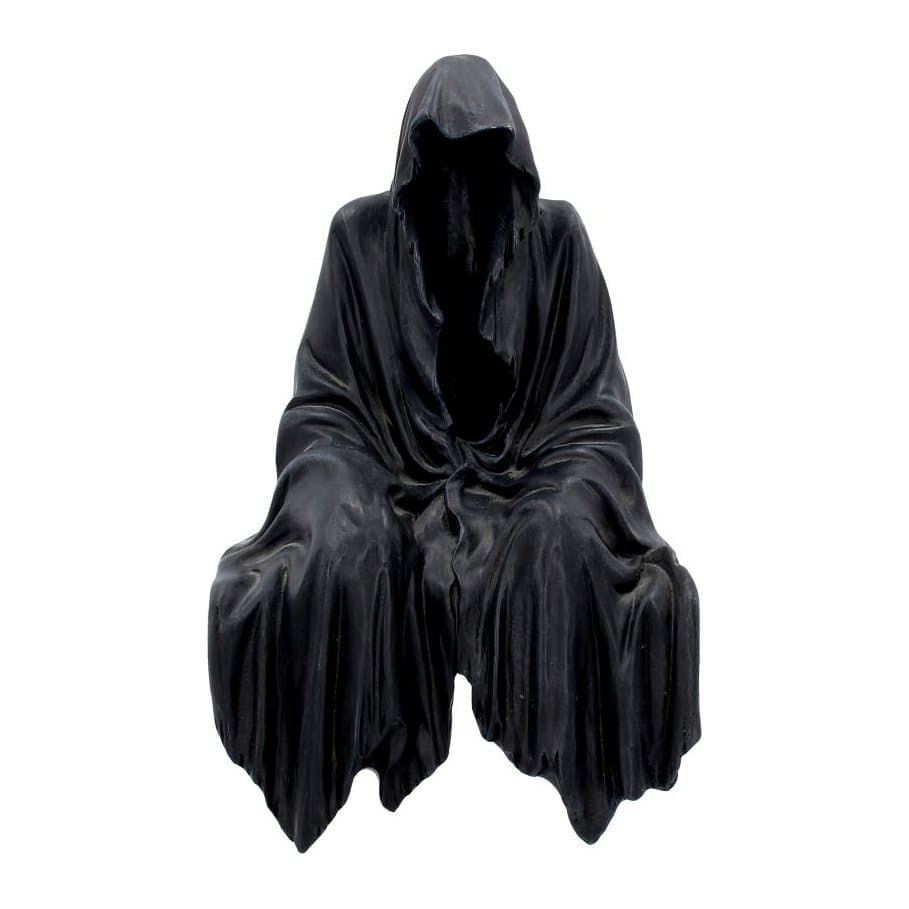 Reaper figure in a black cloak draped over a shelf edge