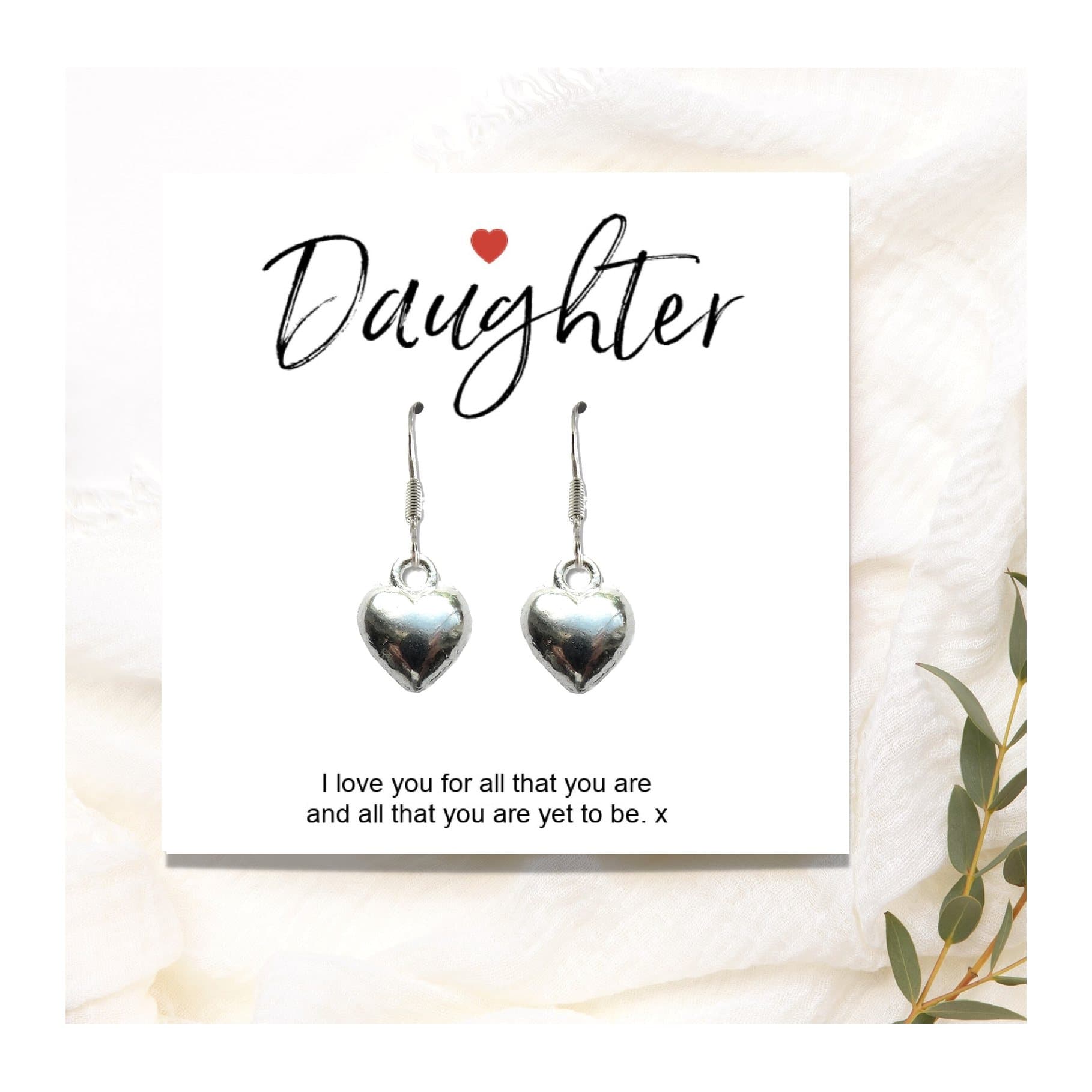 Silver plated heart earrings presented on a Daughter gift card with a message.