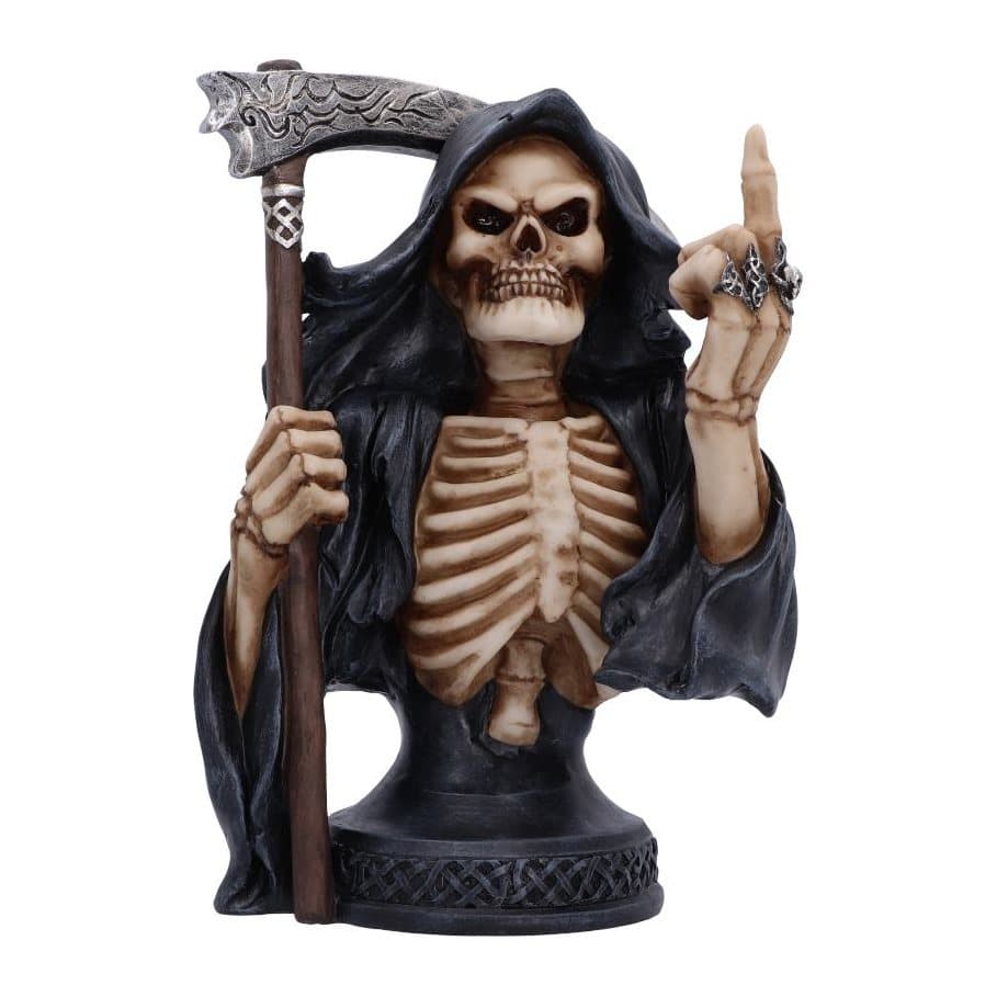 Dead Rude Reaper Bust: a skeletal Grim Reaper in a black cloak holding a scythe
