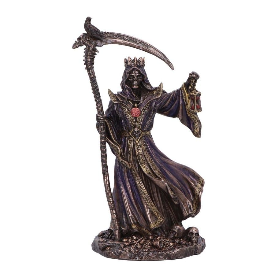 Hand-painted skeletal reaper figurine with a golden crown and scythe