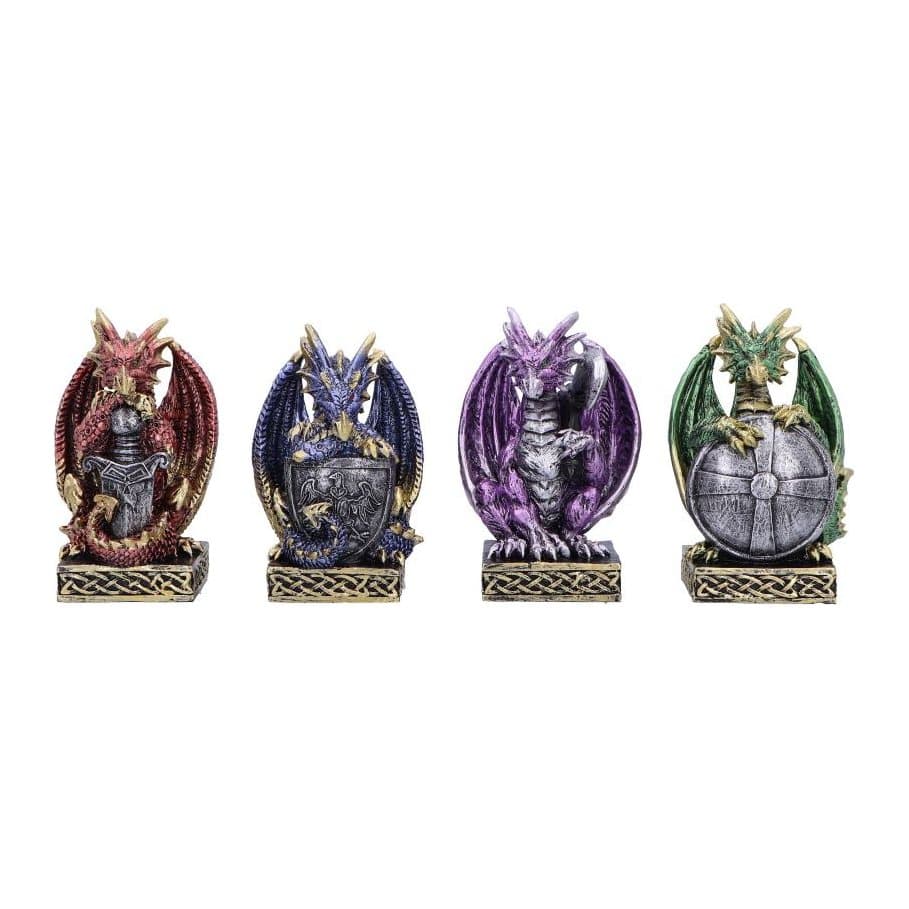 Four dragon figurines in red, blue, purple and green on gold and black plinths