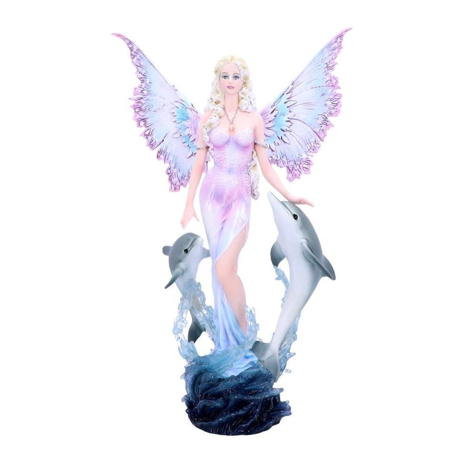 Platinum-haired fairy with raised wings and two leaping dolphins in resin