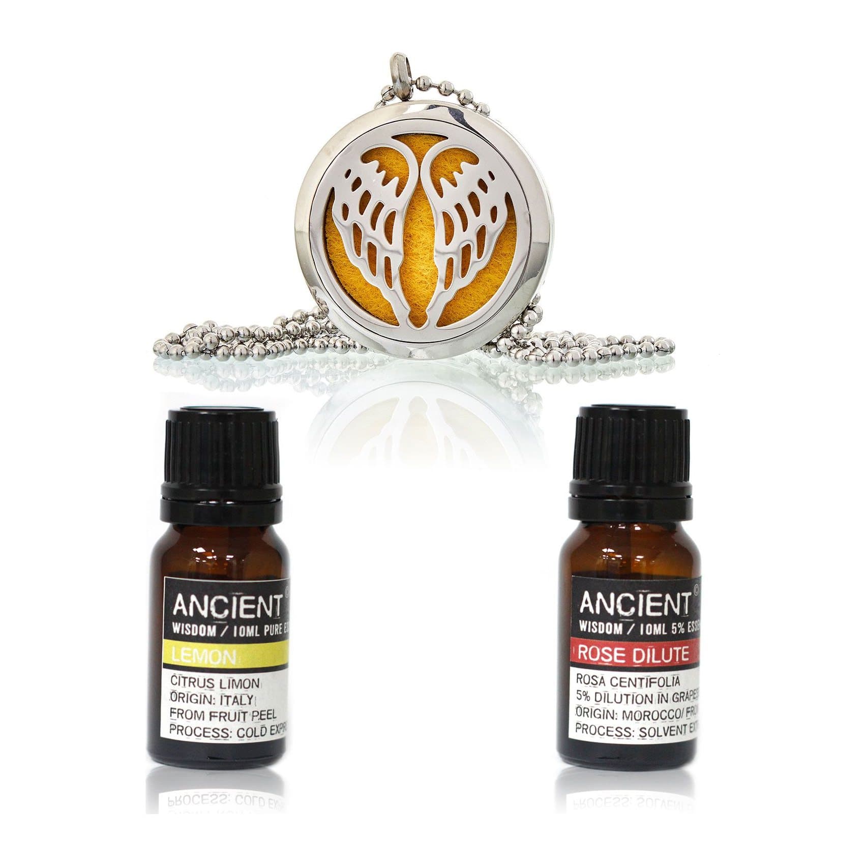 Angel Wings diffuser necklace with lemon and rose essential oils
