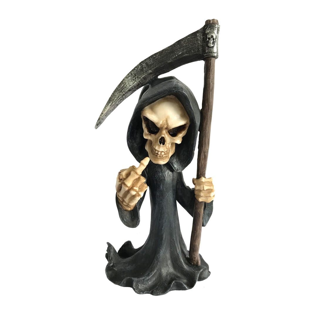 Grim Reaper figurine in a black hooded cloak holding a scythe and giving the middle finger