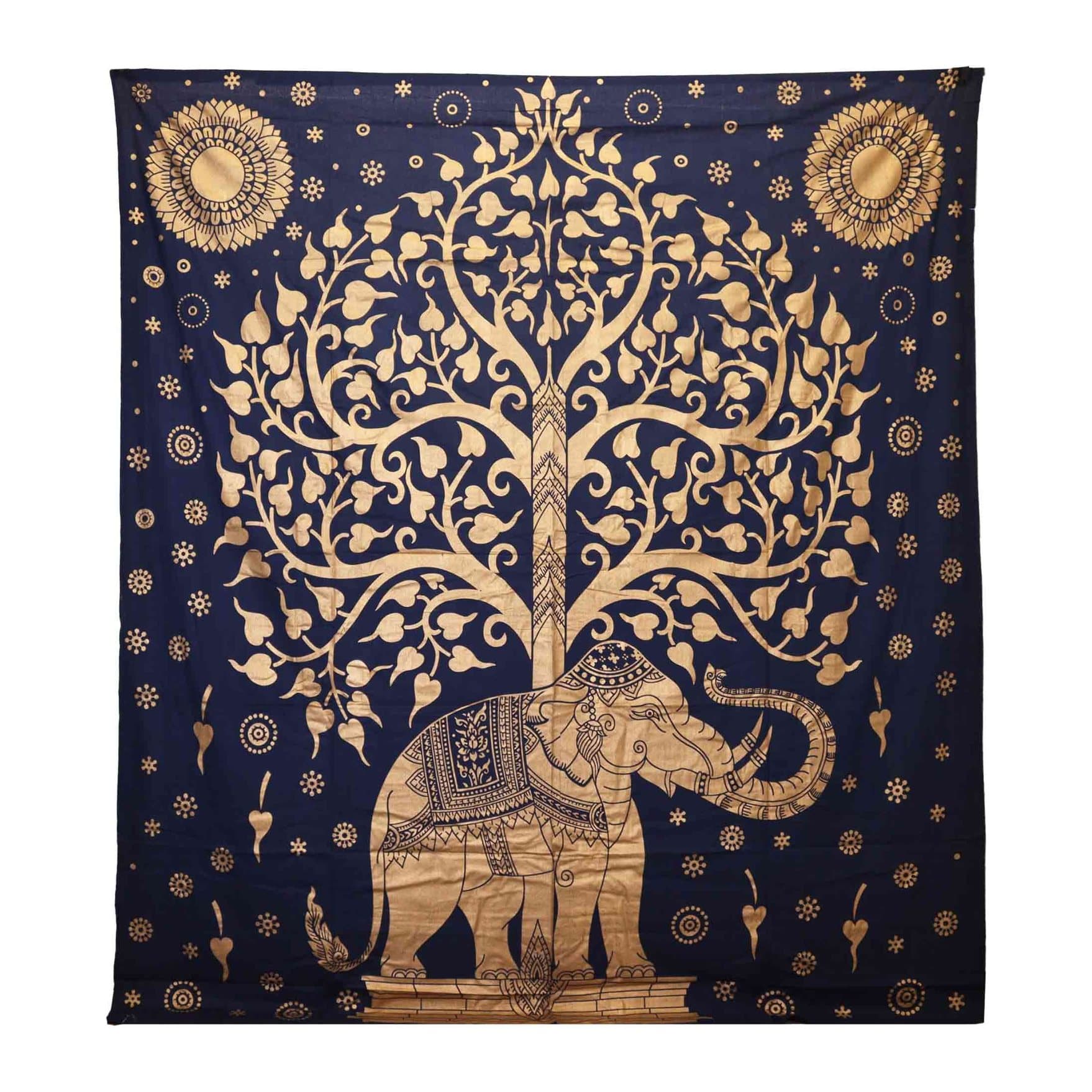 Blue gold Elephant & Tree cotton bedspread and wall hanging