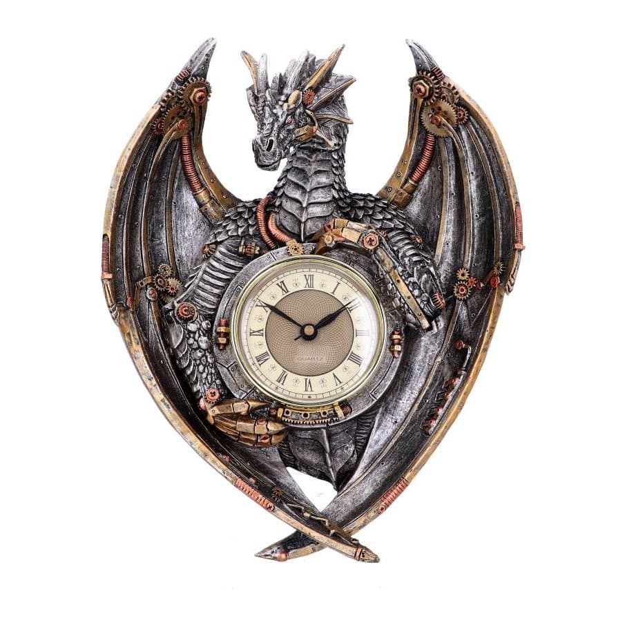 Steampunk dragon wall clock with golden cogs, brass rivets and raised wings