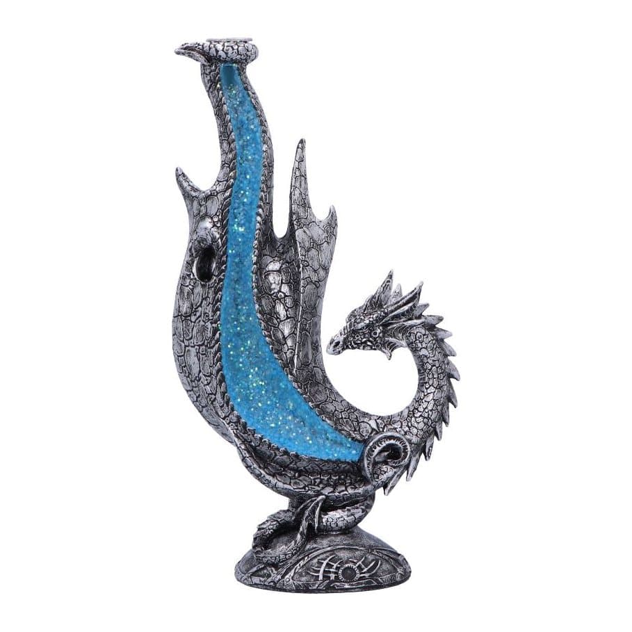 Silver dragon backflow incense burner with textured scales and a blue smoke channel