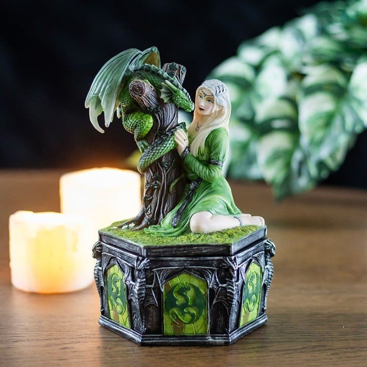 Resin dragon box with an intricate figurine based on Anne Stokes' Kindred Spirits artwork