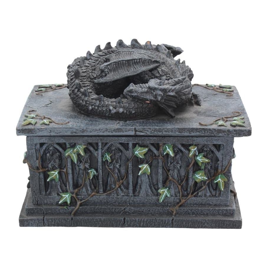 Resin tarot box with a sleeping black dragon on a carved altar with ivy