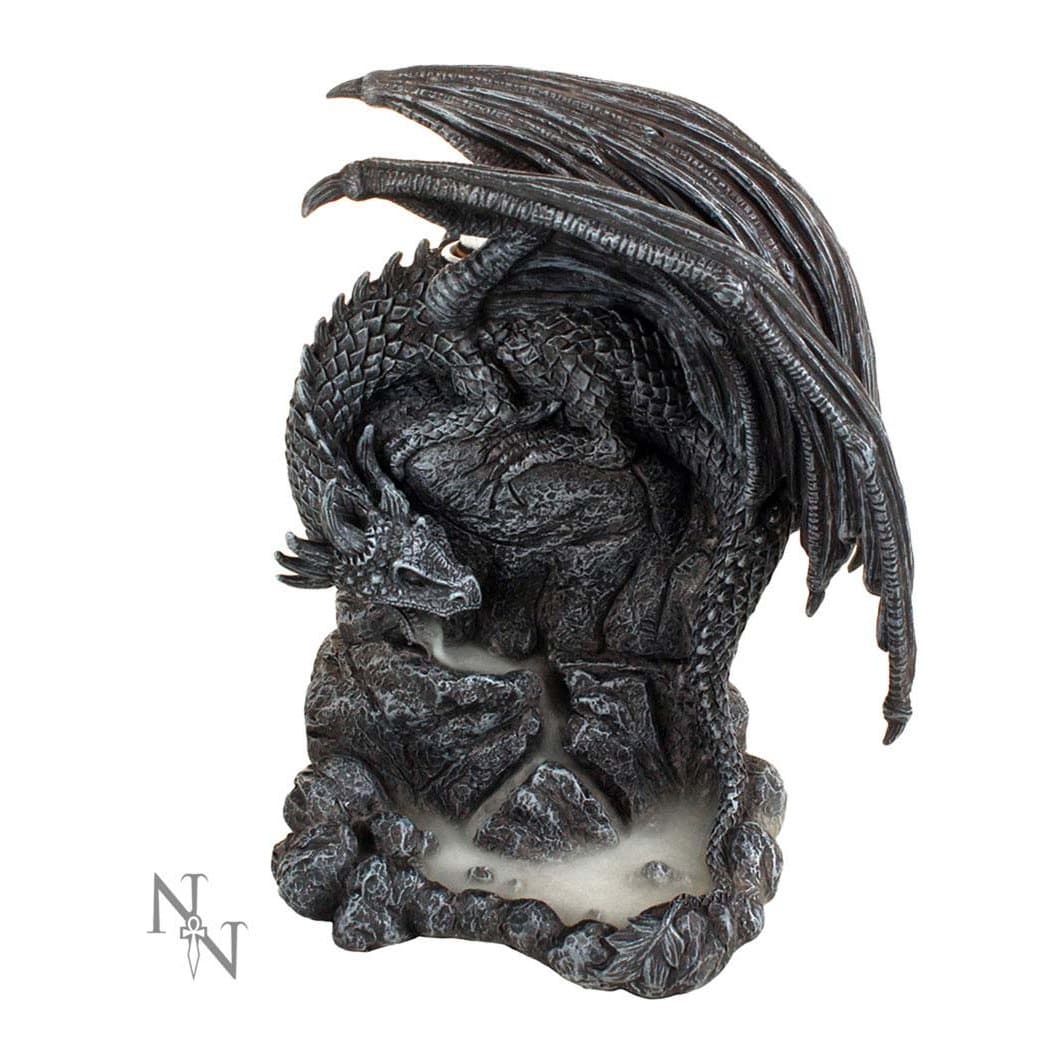 Resin dragon curled over a rock formation as a backflow incense burner
