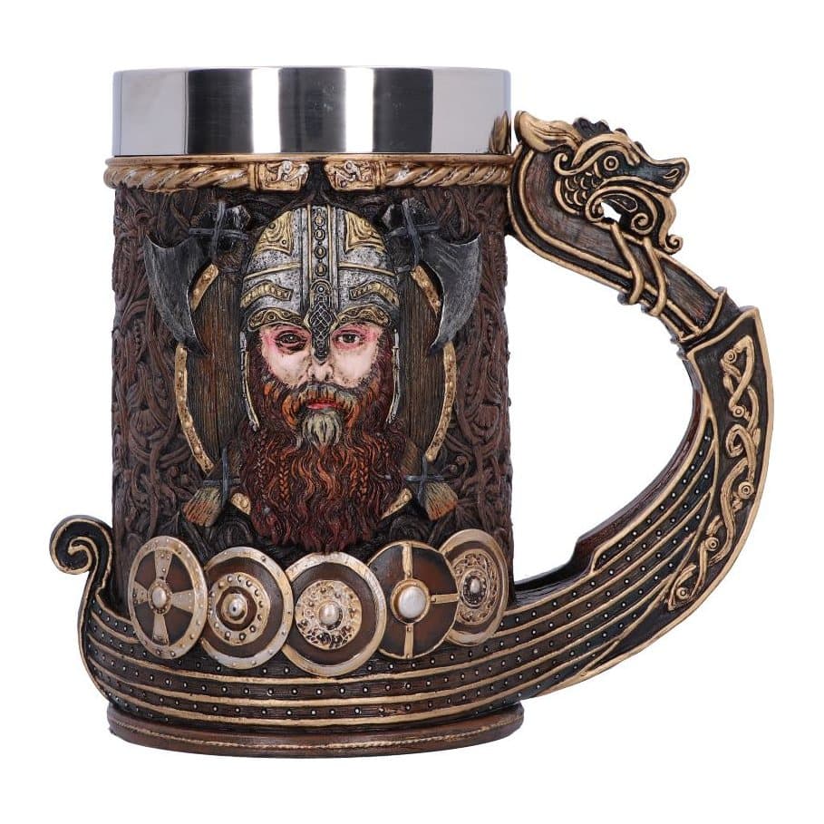 Brown Viking tankard with a warrior face, longship carvings and a dragon's head handle