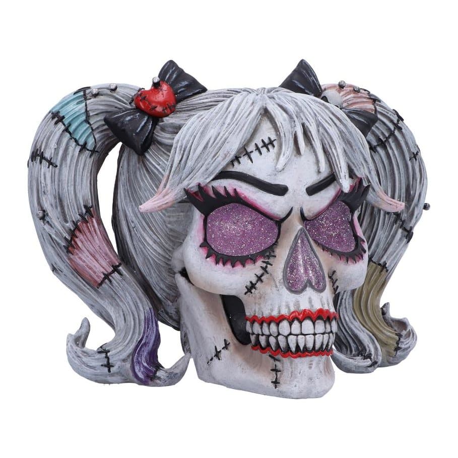 Pins and Needles Franken-doll skull with glittery eyes, stitches and grey pigtails
