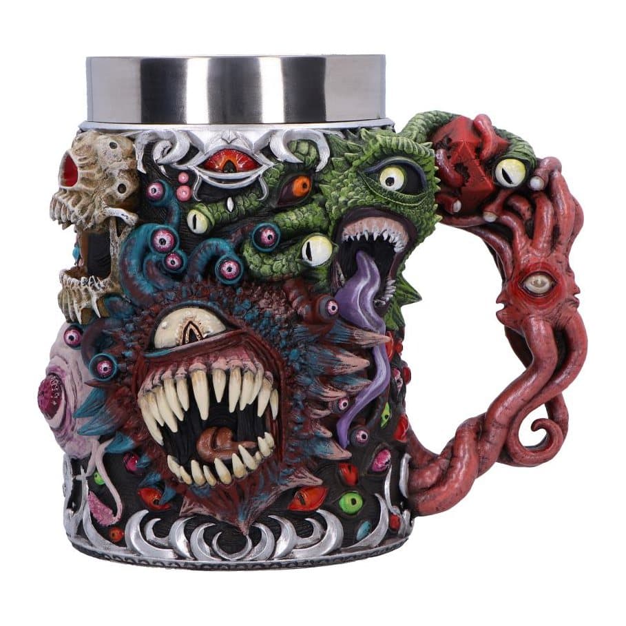 Dungeons & Dragons beholder tankard with a wrap-around design of eyes and tentacles