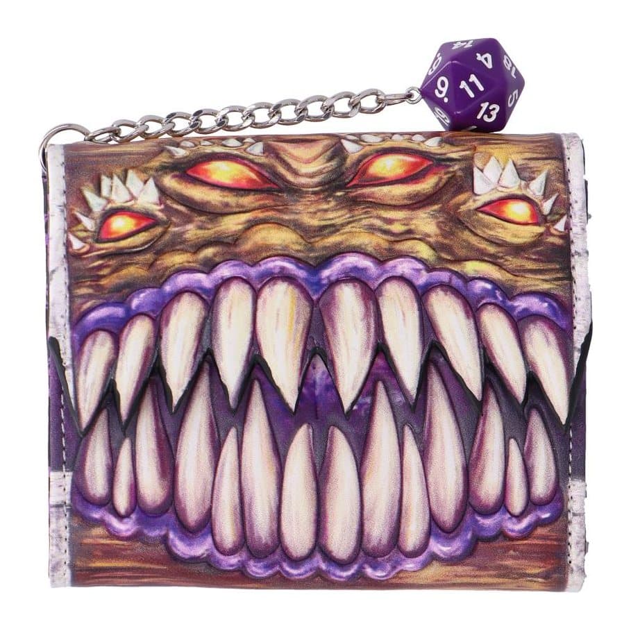 Dungeons & Dragons mimic wallet with embossed teeth, eyes and a purple dice charm