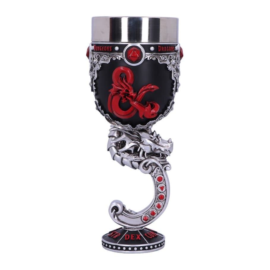 Black Dungeons & Dragons goblet with a red dragon head and silver ornate detailing