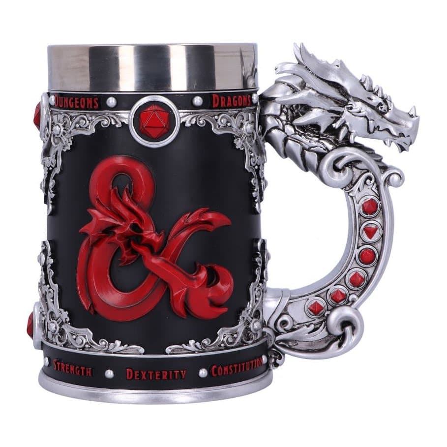 Black Dungeons & Dragons tankard with a red dragon ampersand and a D20 design