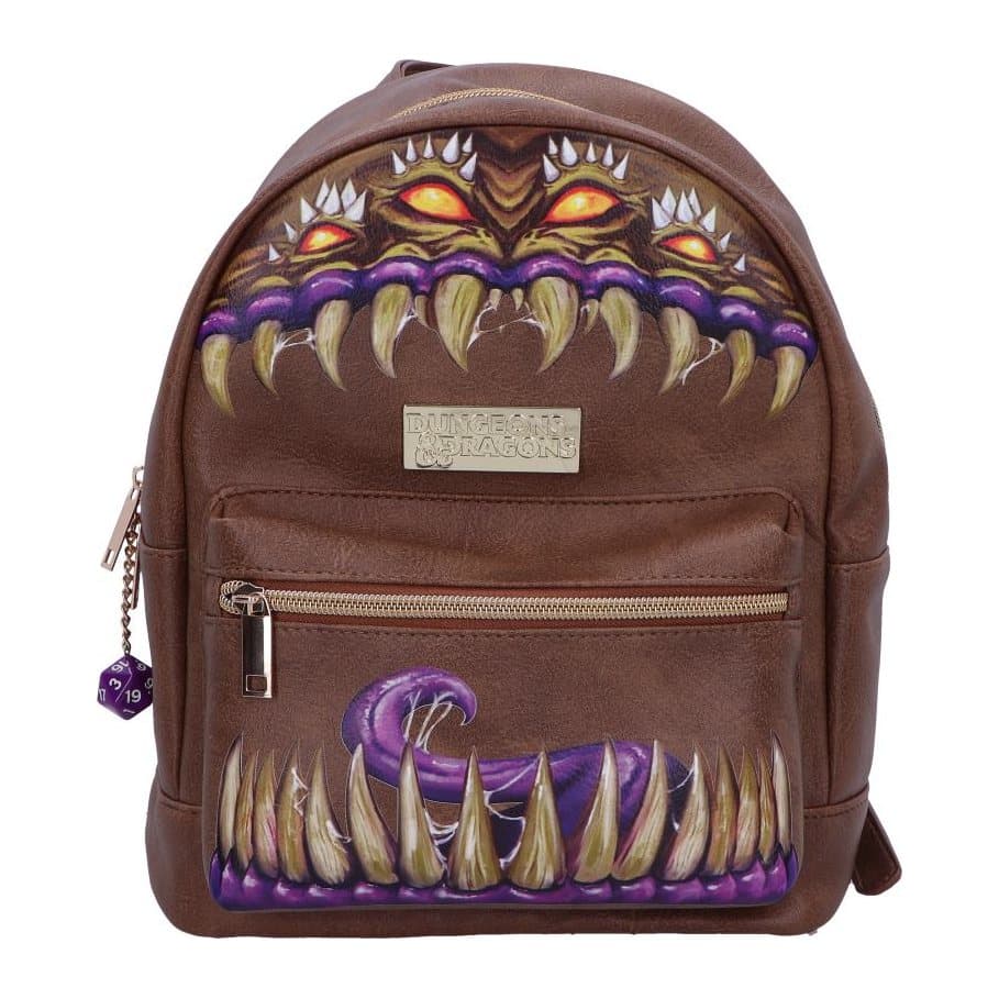 Brown Dungeons & Dragons Mimic backpack with embossed design and D&D zipper die