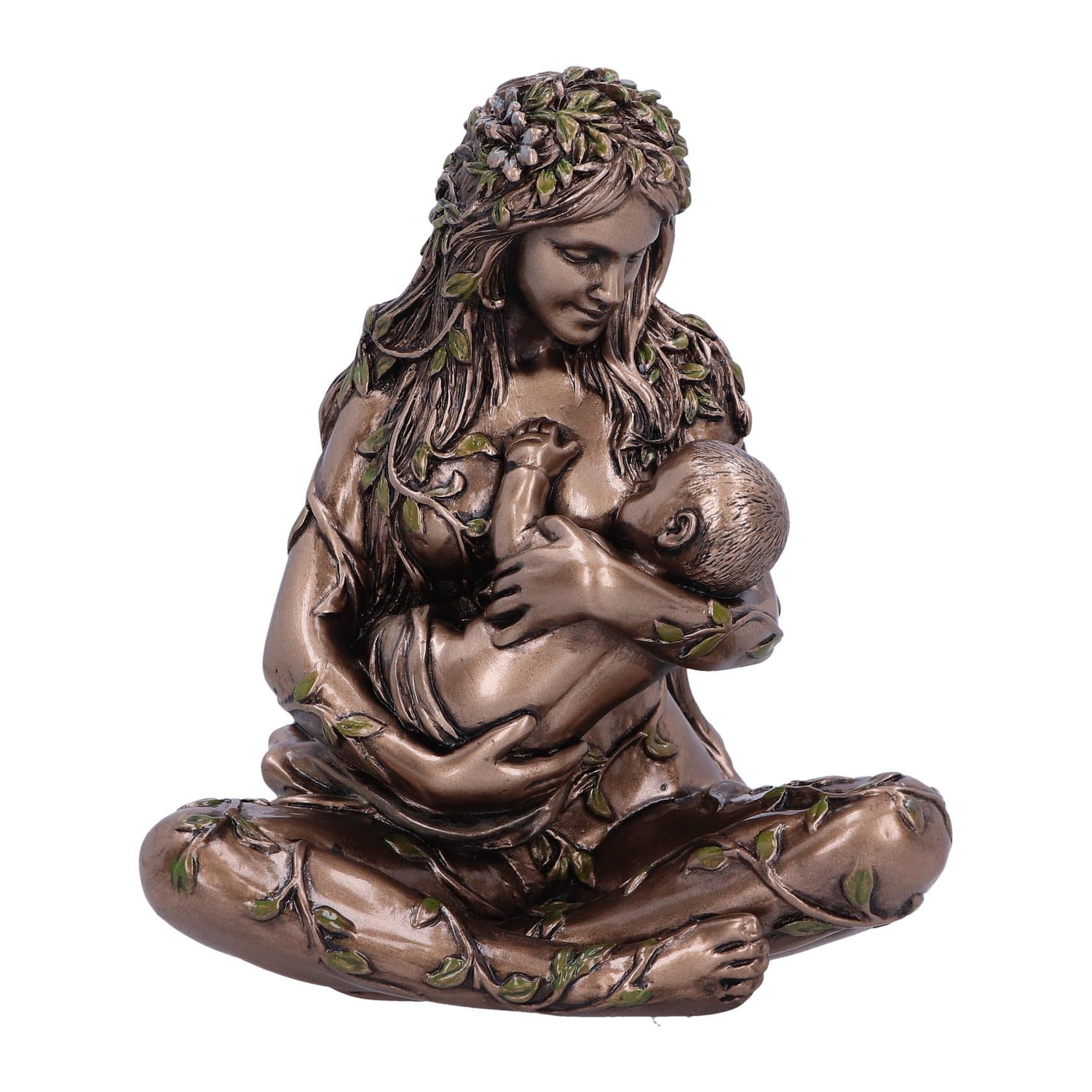Bronze Earth Mother figurine cradling her baby