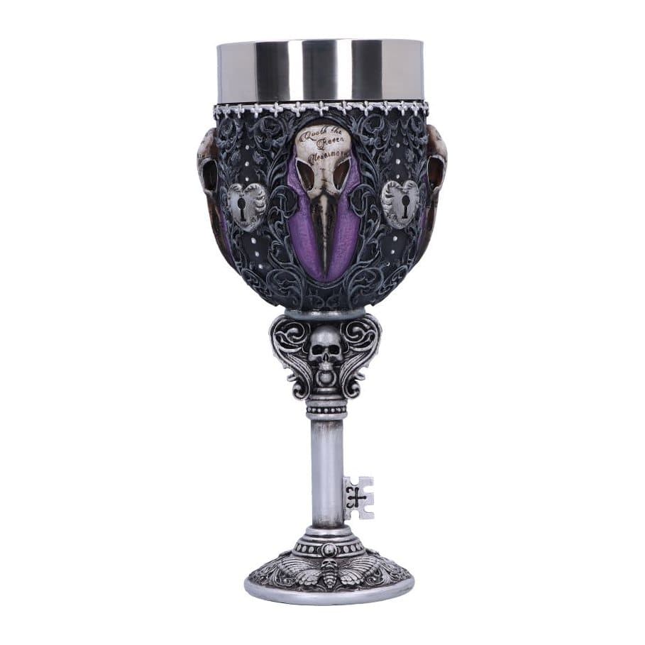 Gothic raven skull goblet with a silver key stem and royal purple base