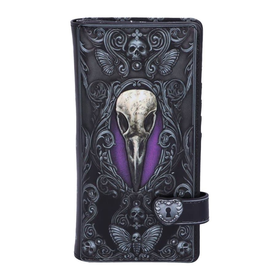 Gothic Poe raven purse with a raven's skull on purple and a heart shaped lock