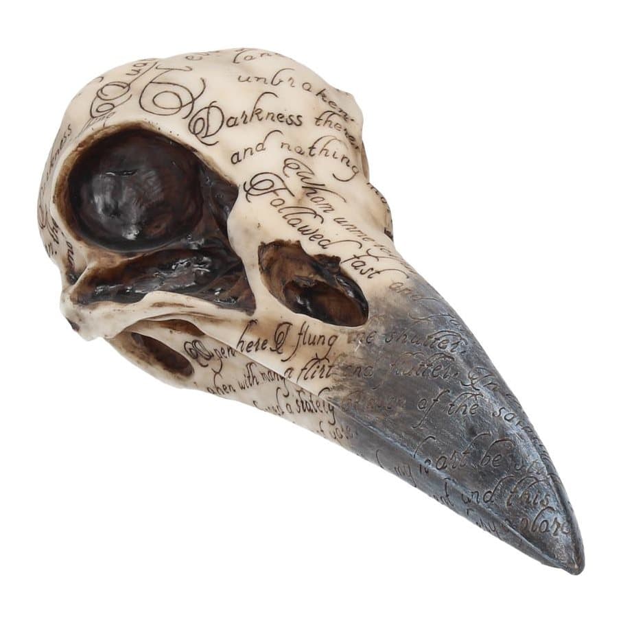 Hand-painted resin skull figurine engraved with scripture from Poe's The Raven