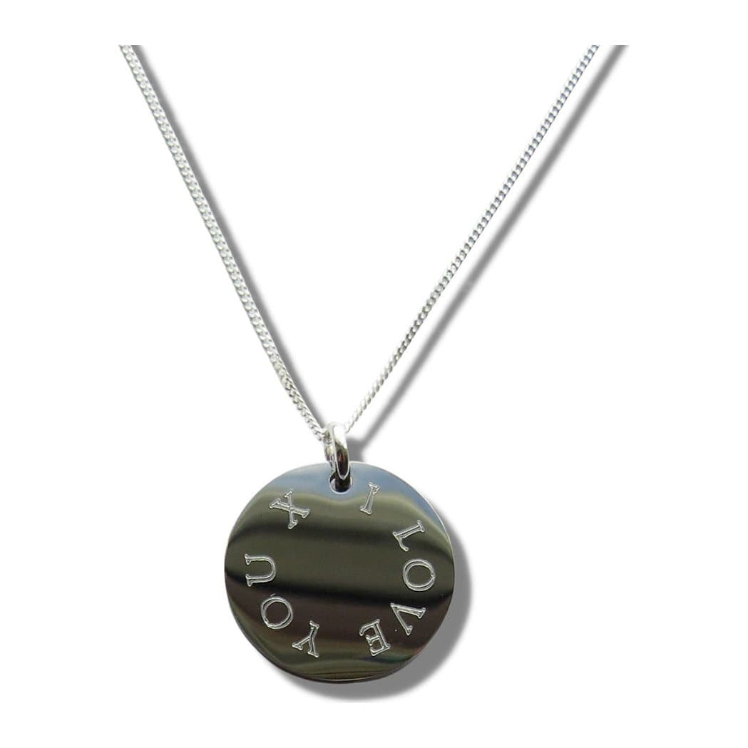 Silver-coloured round disc engraved with I LOVE YOU X on a silver chain