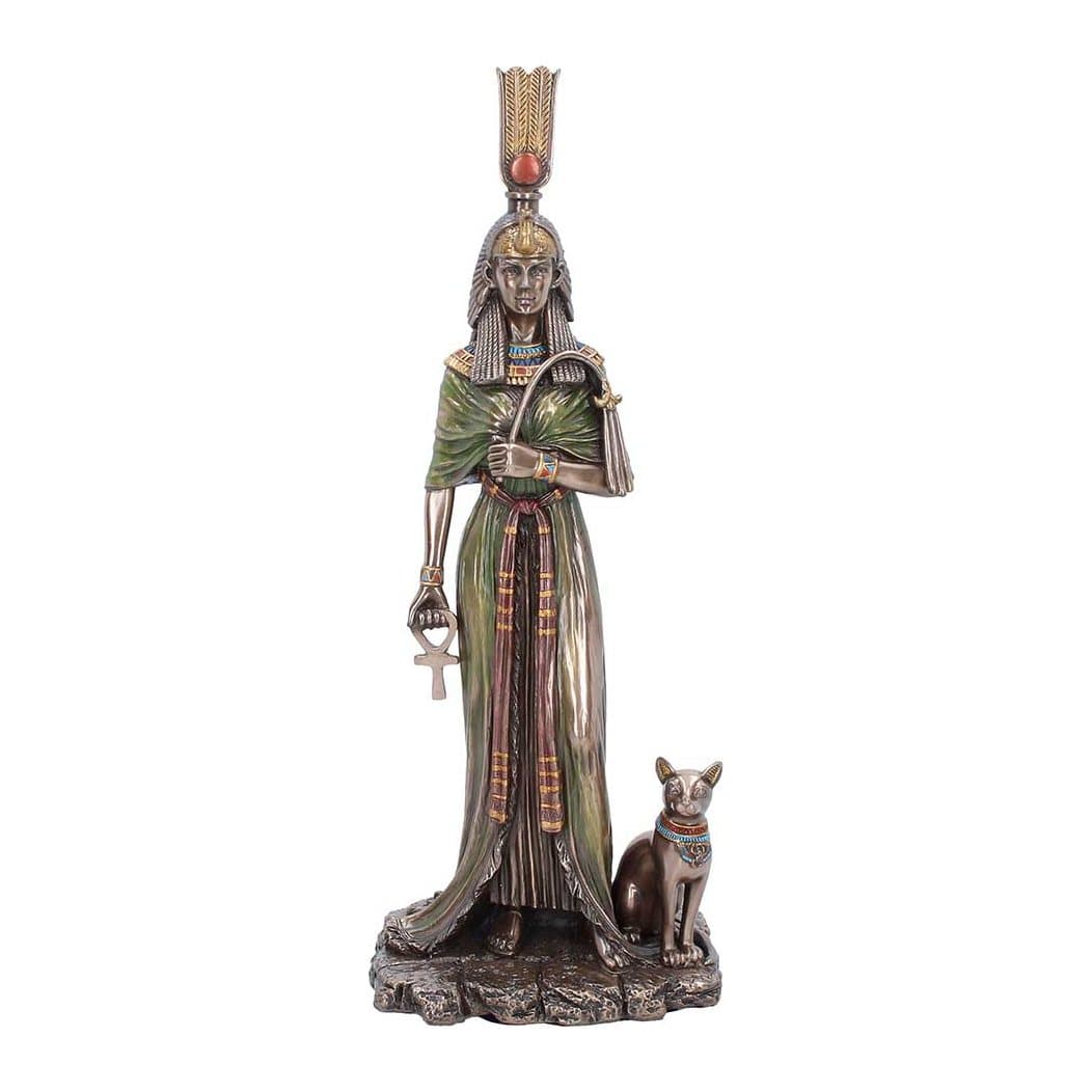 Dark bronze resin figurine of Queen Nefertari in royal dress with a cat by her side