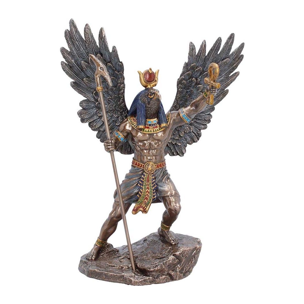 Bronze-toned Ra sun god figurine with wings, staff and raised hand