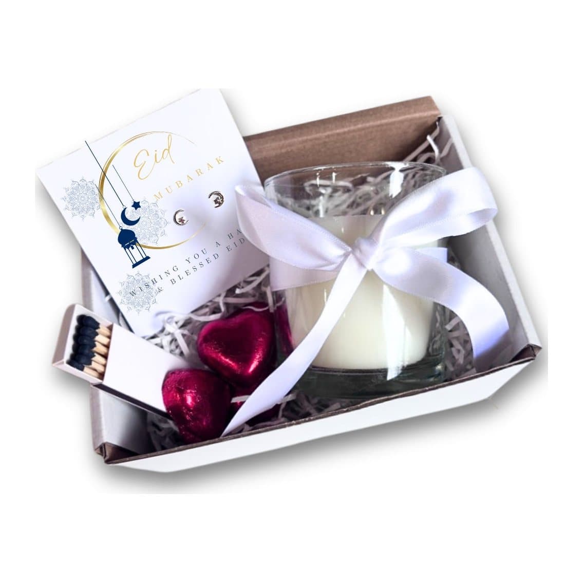 Eid Mubarak hamper with white candle, moon card earrings and chocolate hearts