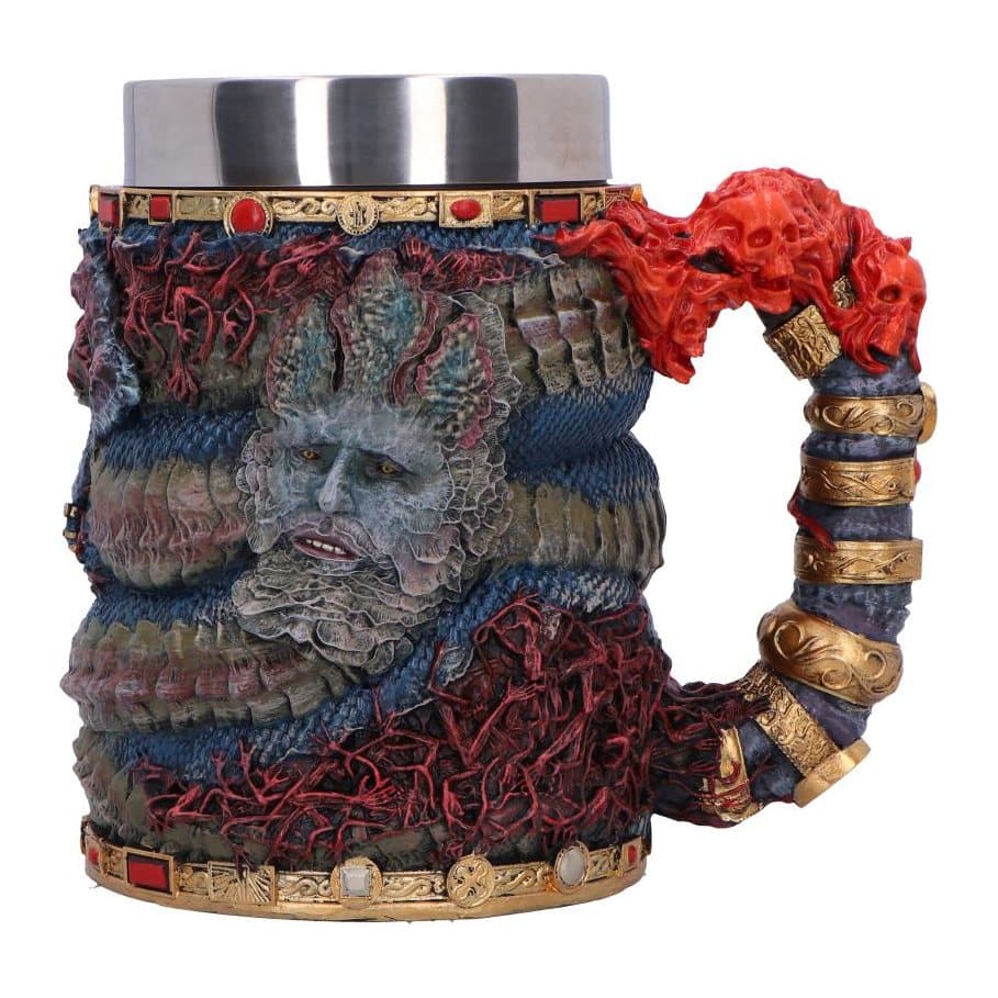 Rykard Tankard with a serpent coiled around it and a monstrous face
