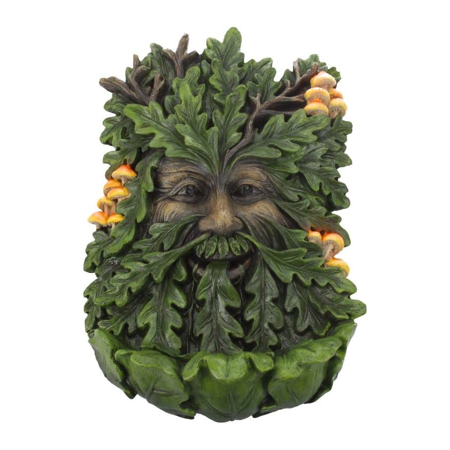 Tree man spirit wall plaque with a face of oak bark, green leaves and toadstools