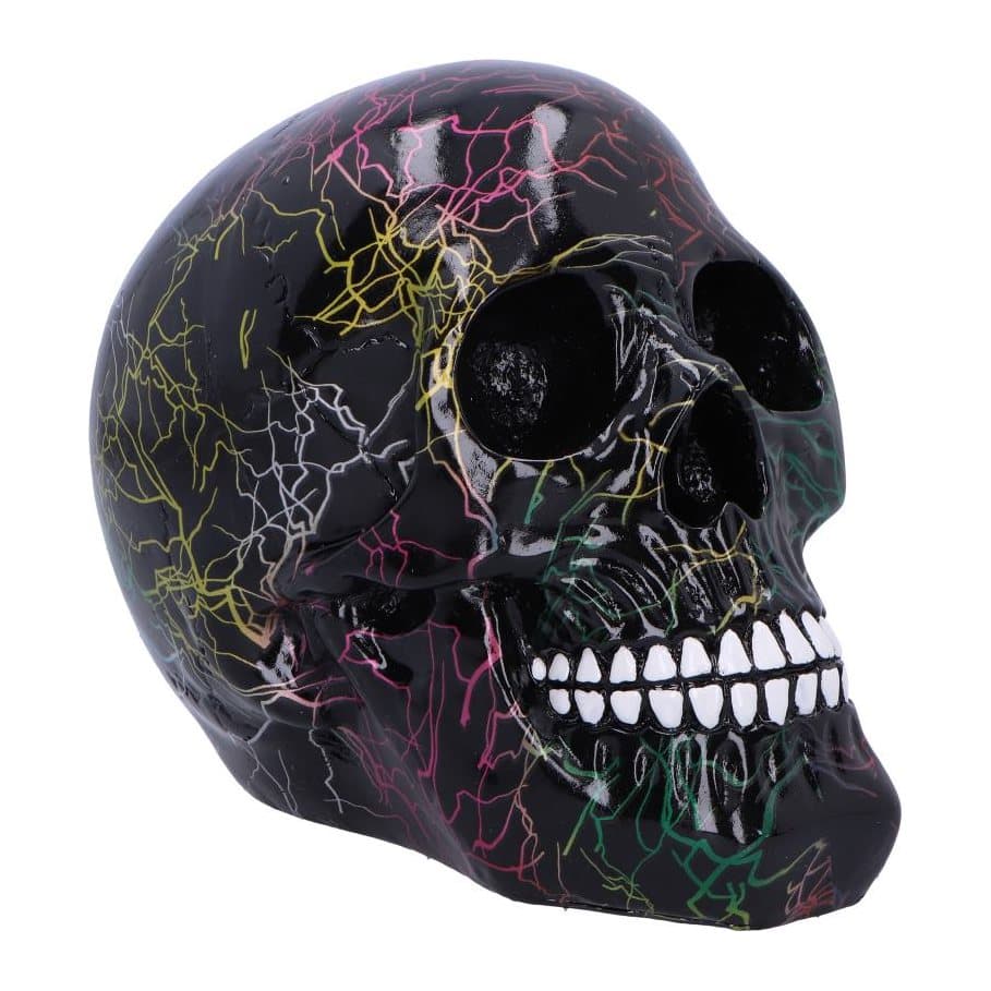 Resin decorative skull with multicolour lightning effects on a metallic black surface