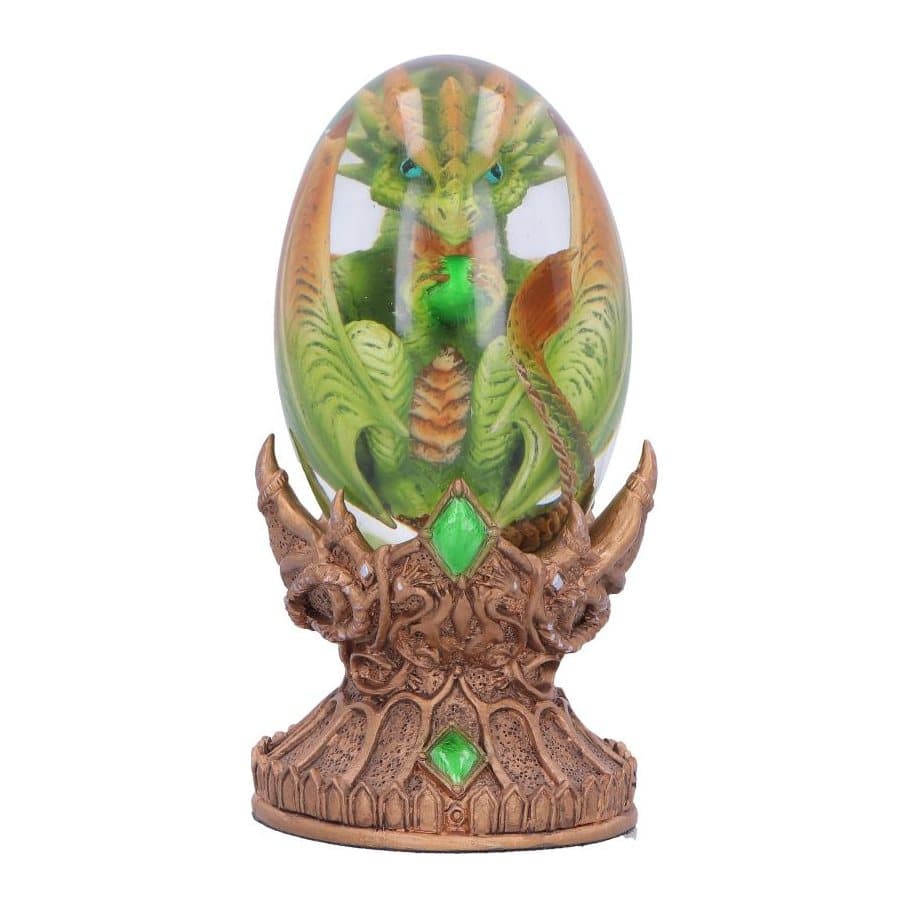 Green earth dragonling in a clear egg on a green and bronze stand