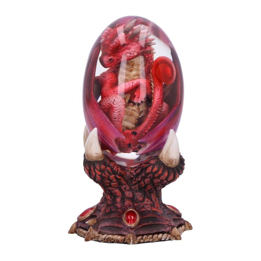 Red fire dragonling inside a clear egg on a red and bronze stand