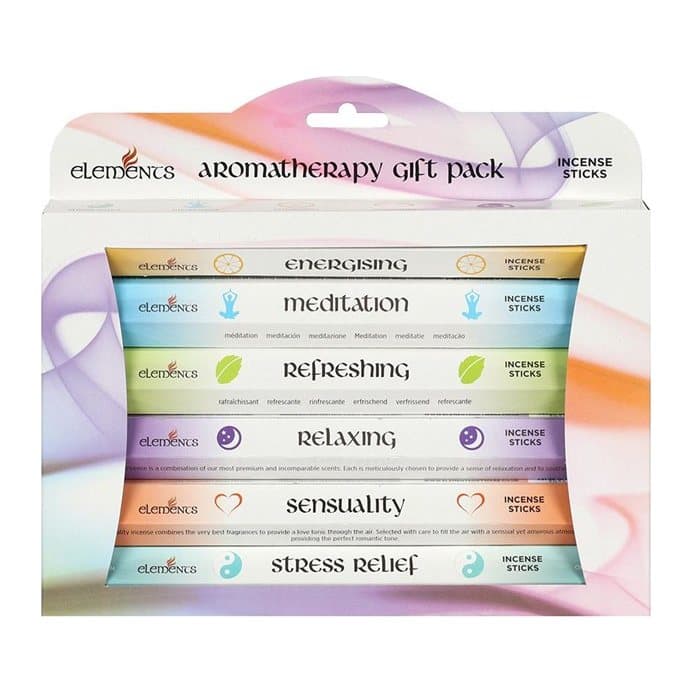 Picture box of six assorted packs of Elements Aromatherapy incense sticks