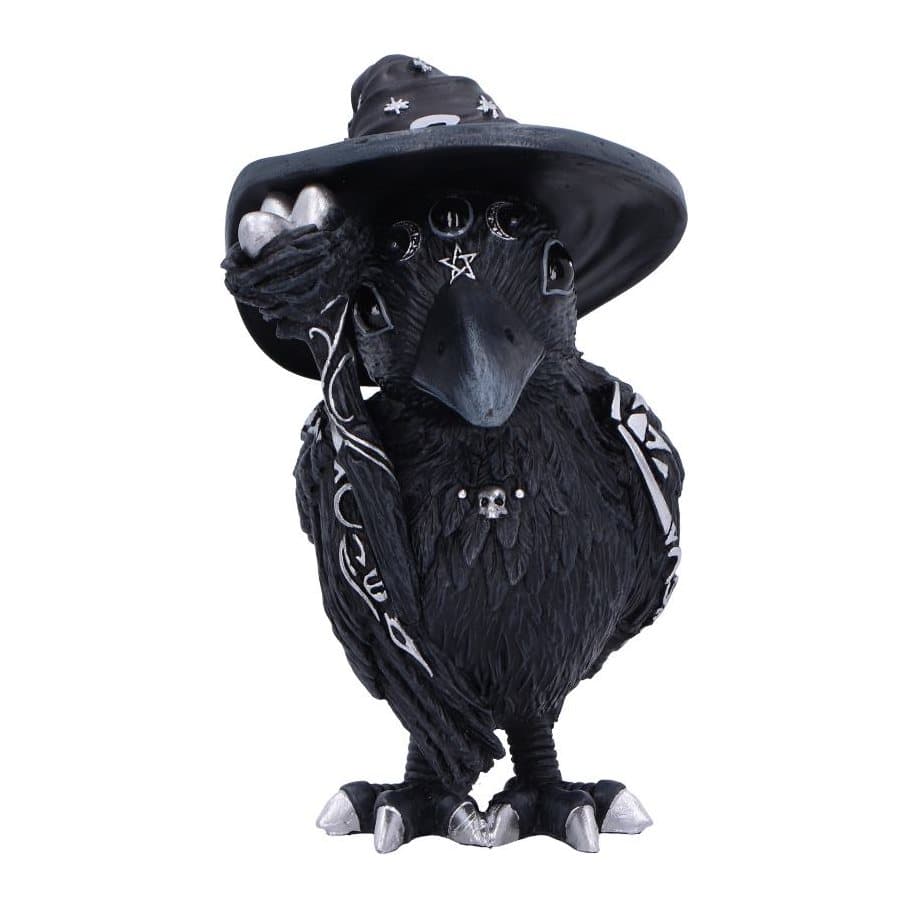 Black bird figurine in a pointed witch's hat holding a staff with silver eggs