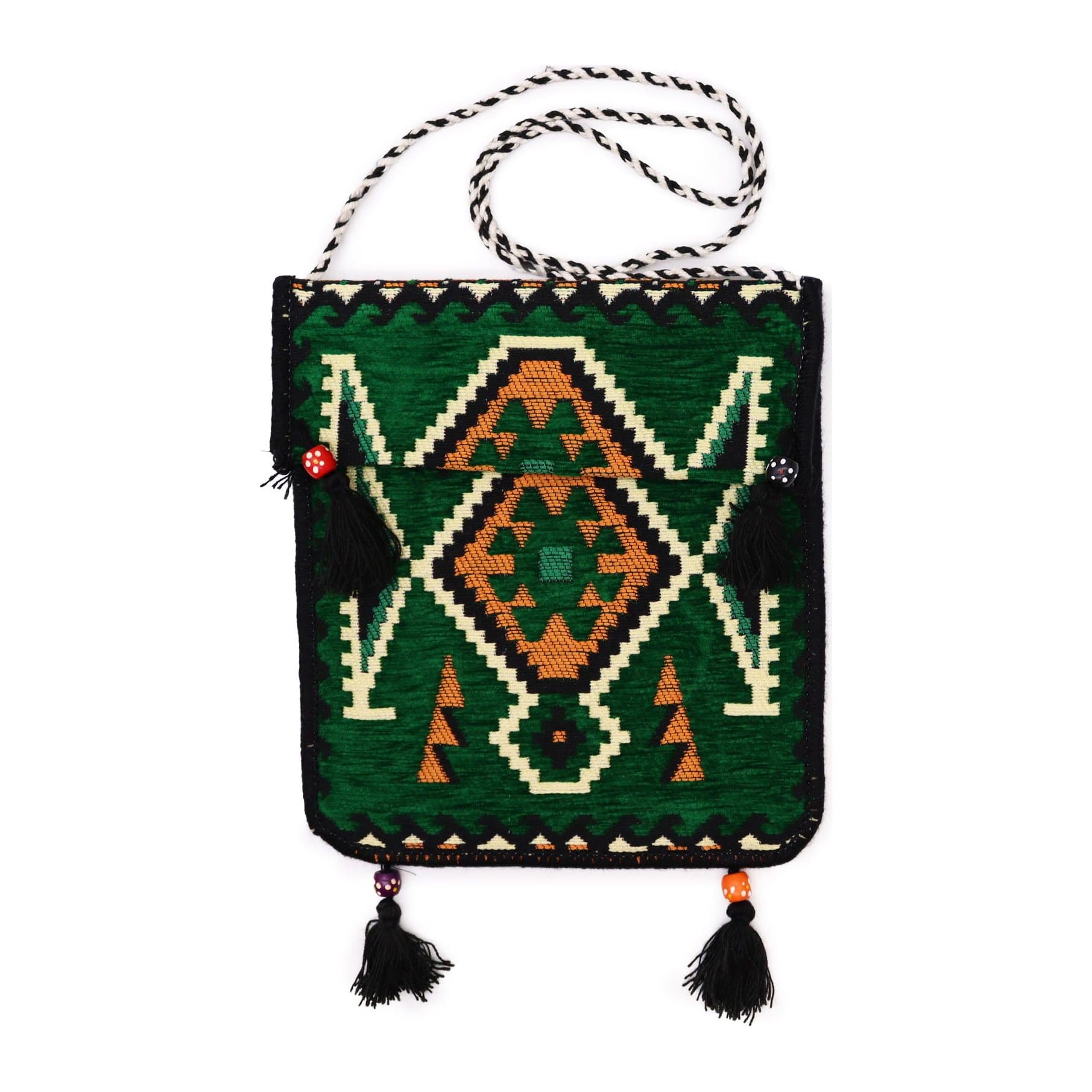 Emerald green kilim messenger festival bag with an intricately patterned weave