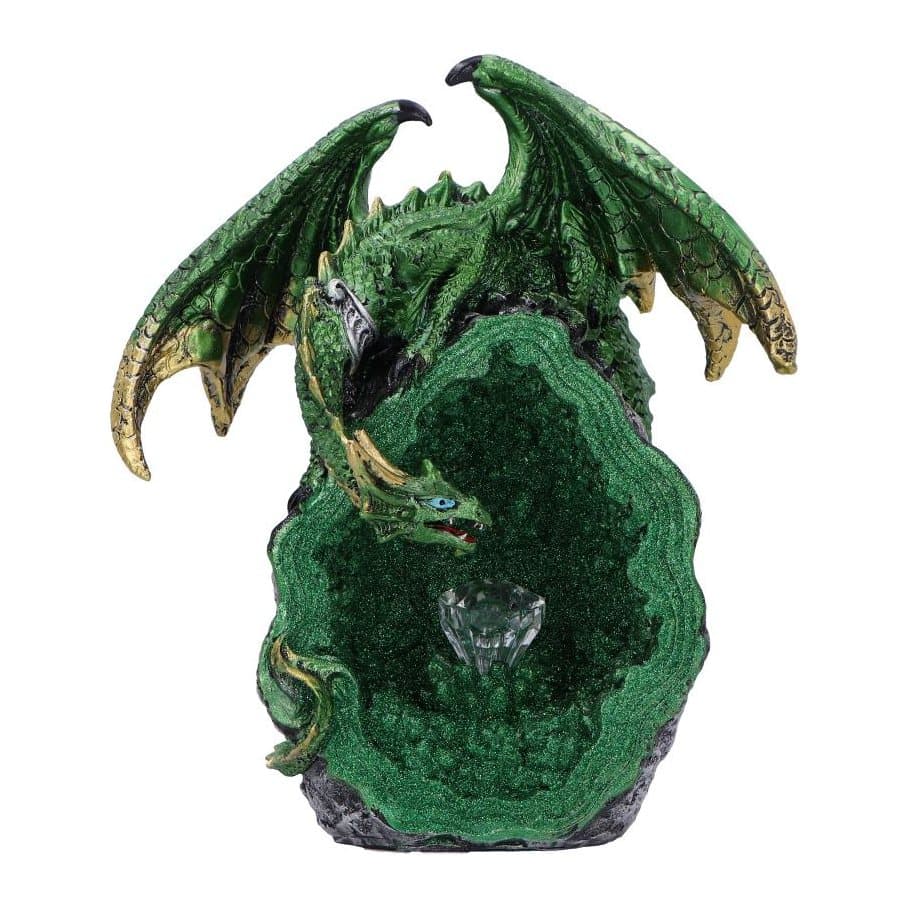 Hand-painted green resin dragon figurine with a built-in LED-lit crystal centrepiece