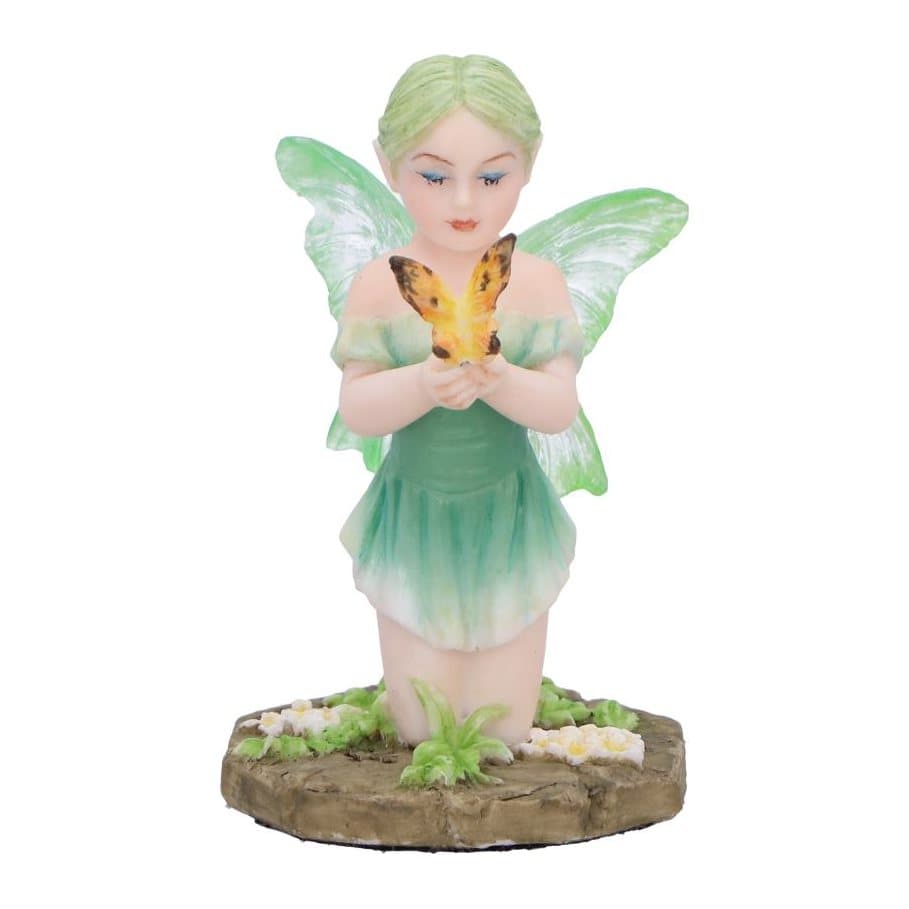 Hand-painted forest fairy figurine in a green dress, holding a butterfly